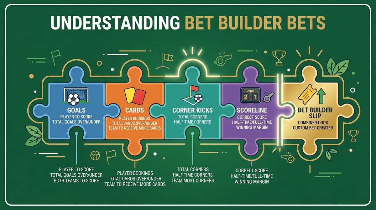 Bet builder interface showing multiple selections combined for a football match